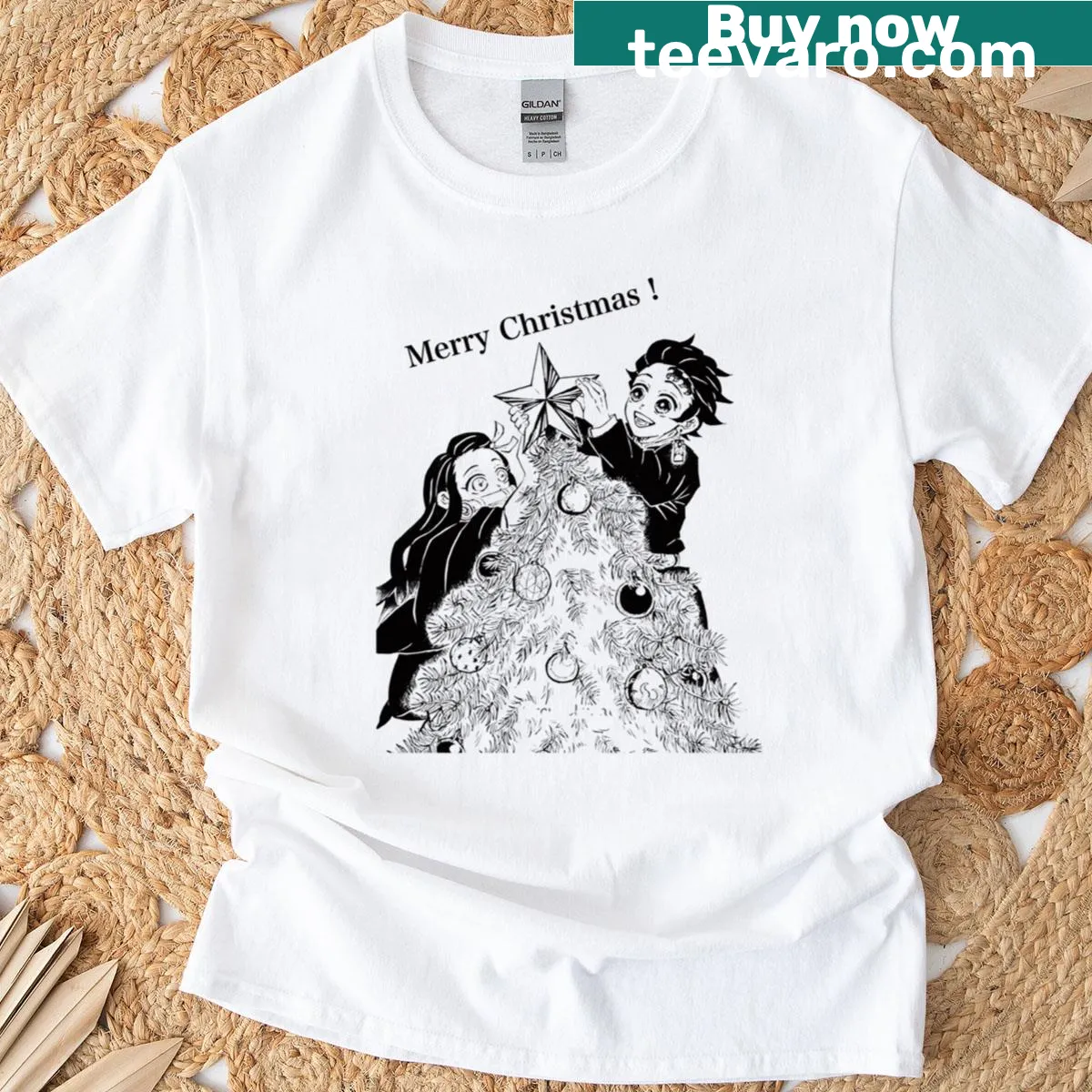 Tanjiro and Nezuko Christmas T-shirt illustration — on a men's t-shirt