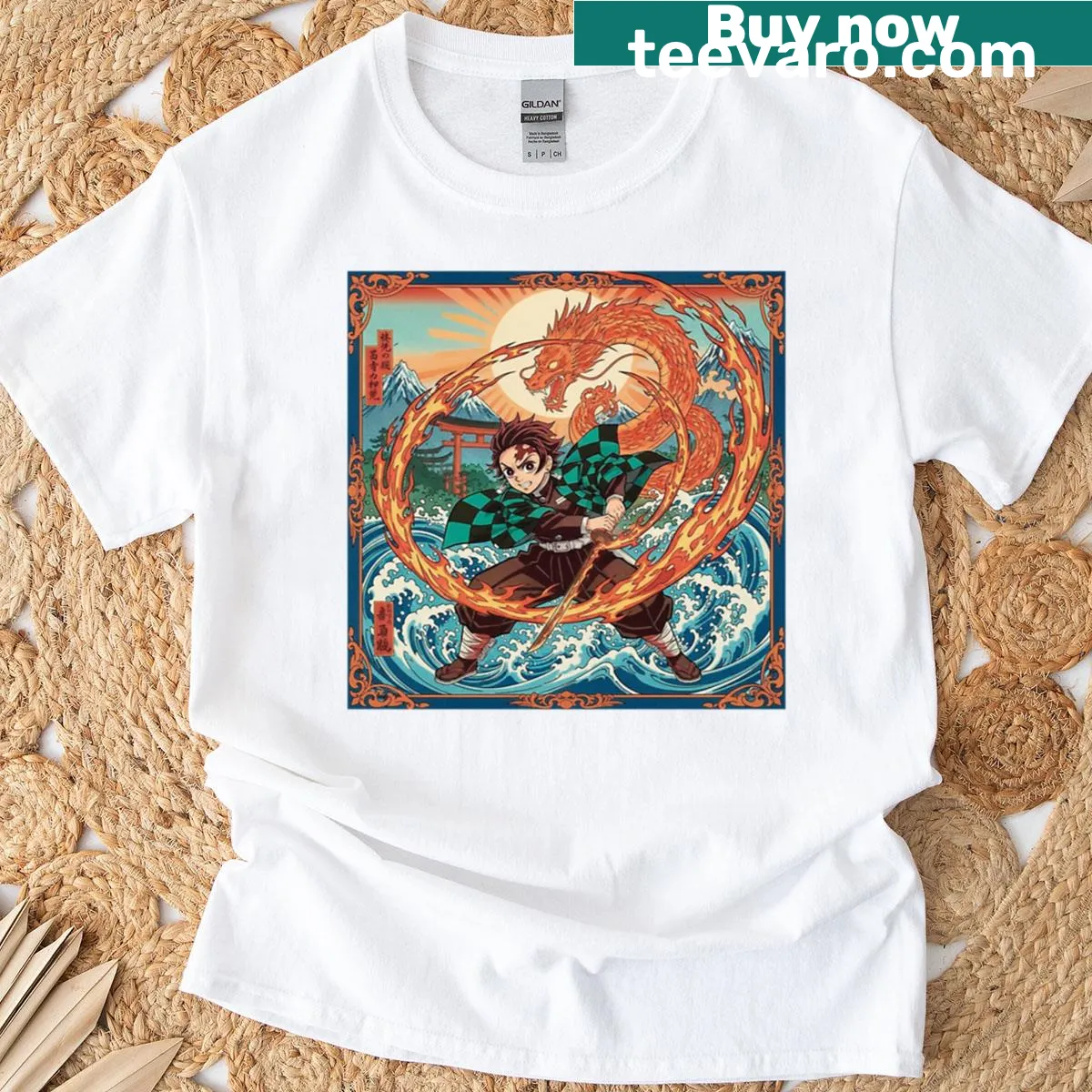 Dynamic T-shirt featuring Tanjiro in a dramatic katana dance — on a men's t-shirt