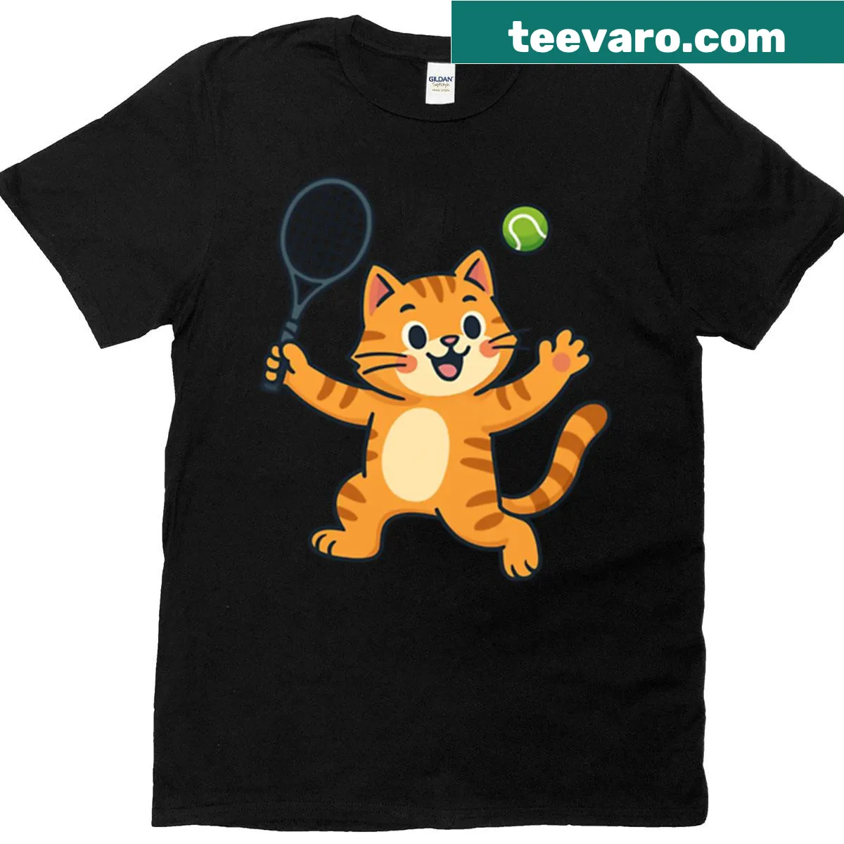 Playful cat design playing tennis in a fun graphic — on a men's t-shirt