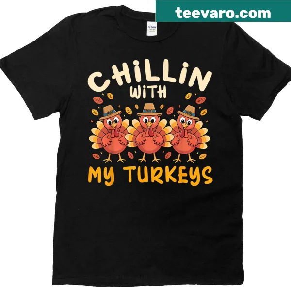 Cartoon turkeys graphic on a Thanksgiving-themed T-shirt