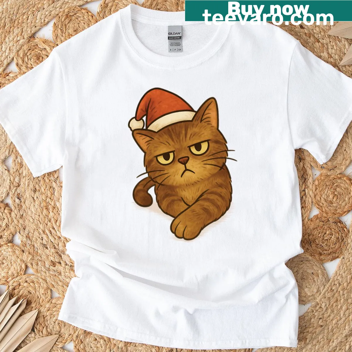 Christmas-themed t-shirt featuring a playful cat design from a unique angle. — on a men's t-shirt