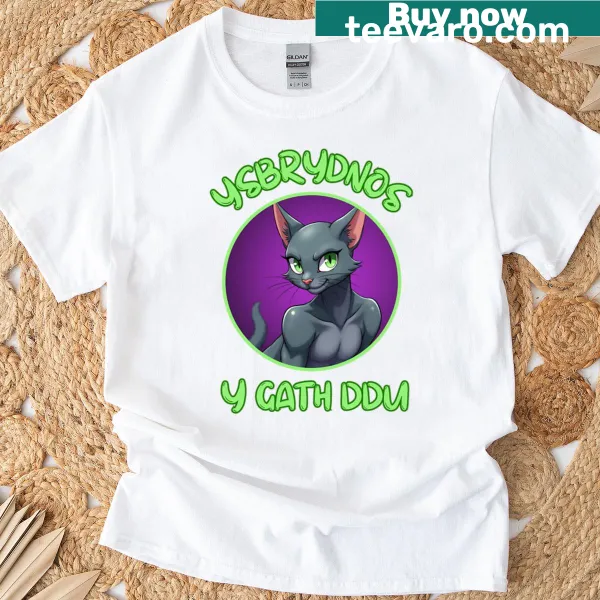 Illustration of a black cat with enchanting elements on an oversized T-shirt