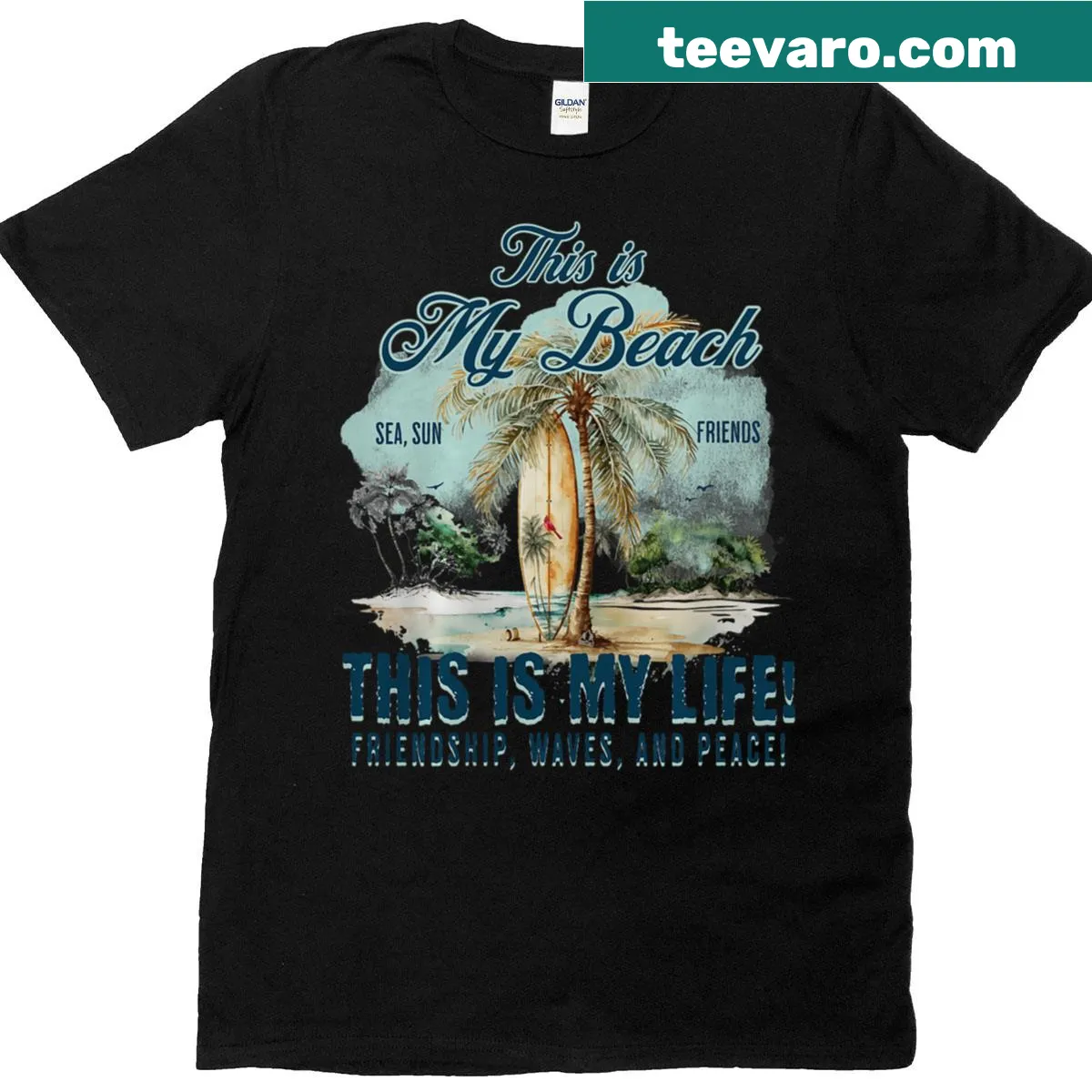 Minimalist beach-themed t-shirt with line-art waves and peace text. — on a men's t-shirt
