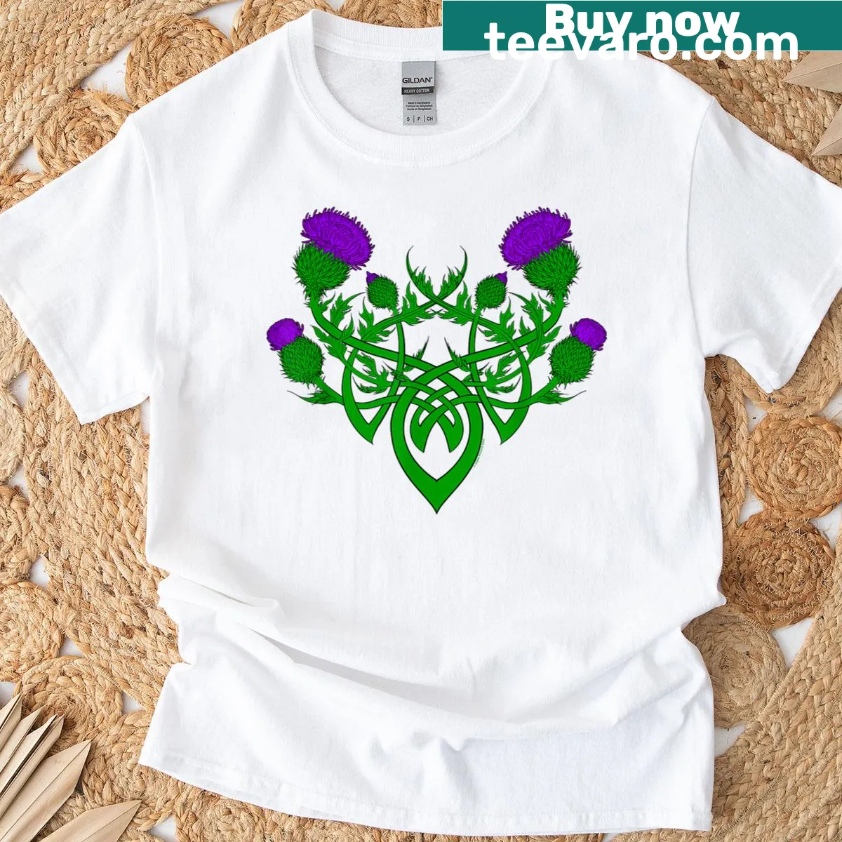 Illustrated thistle knotwork design on a T-shirt — on a men's t-shirt