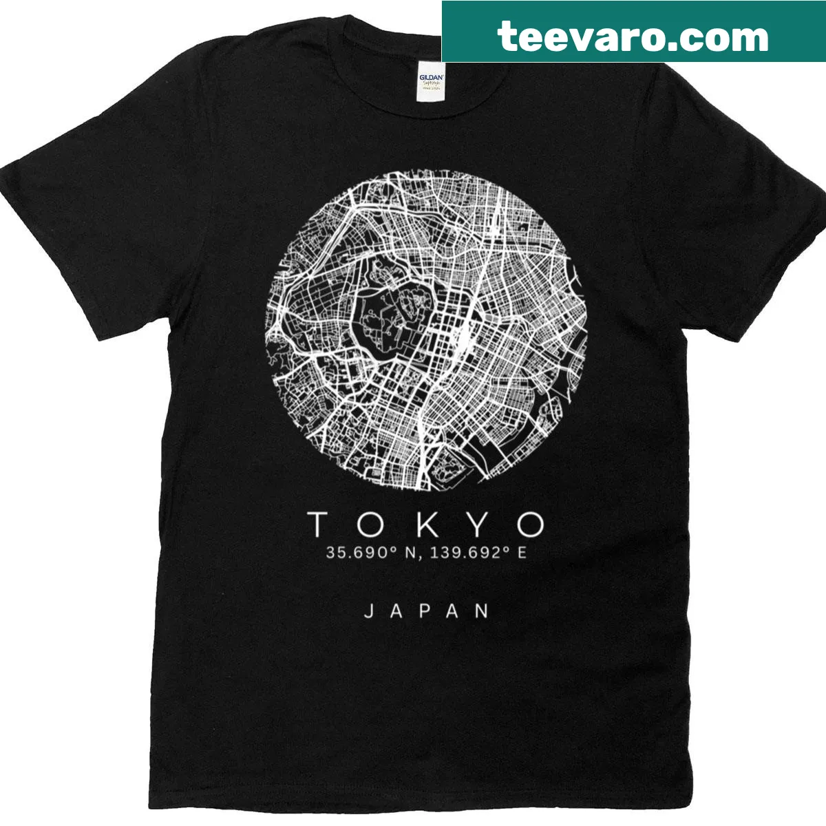 Minimalist Tokyo city map t-shirt in line-art style — on a men's t-shirt