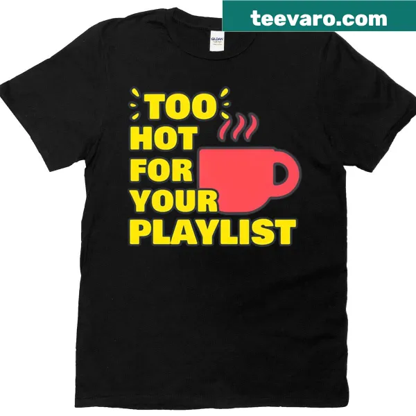 Funny coffee mug design on a T-shirt featuring playful text.