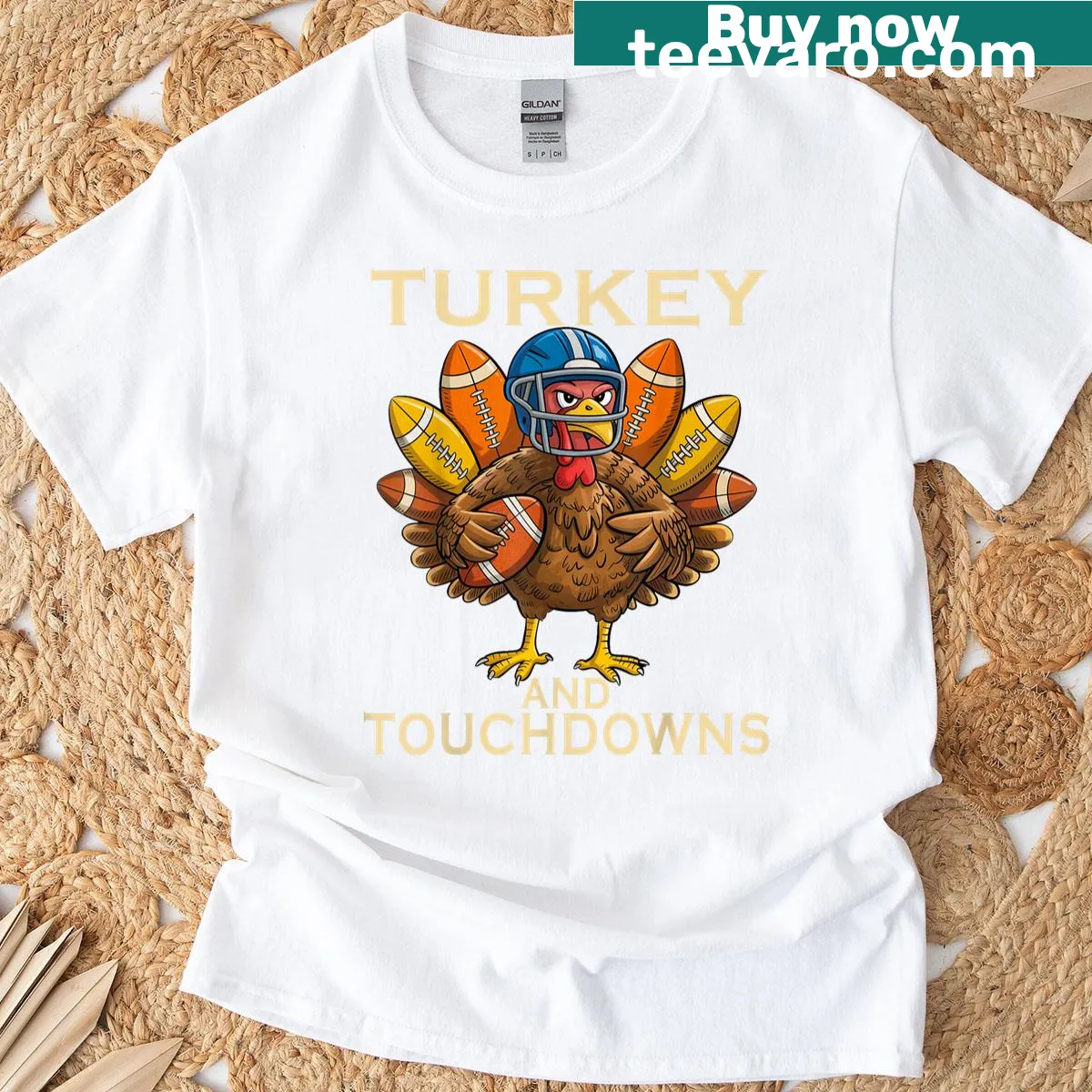 Playful Thanksgiving T-shirt with turkey and football design — on a men's t-shirt