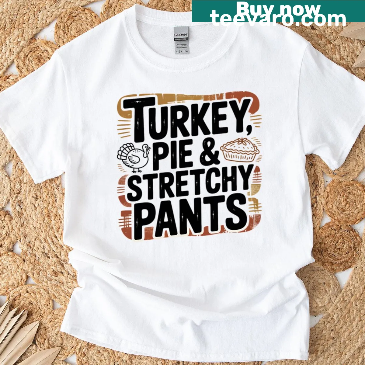 Funny Thanksgiving T-shirt about turkey pie and stretchy pants — on a men's t-shirt