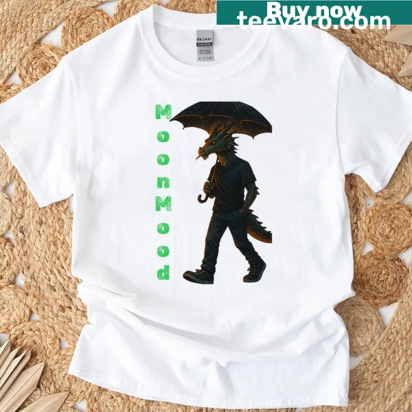 Fantasy T-shirt featuring an urban dragon in the rain