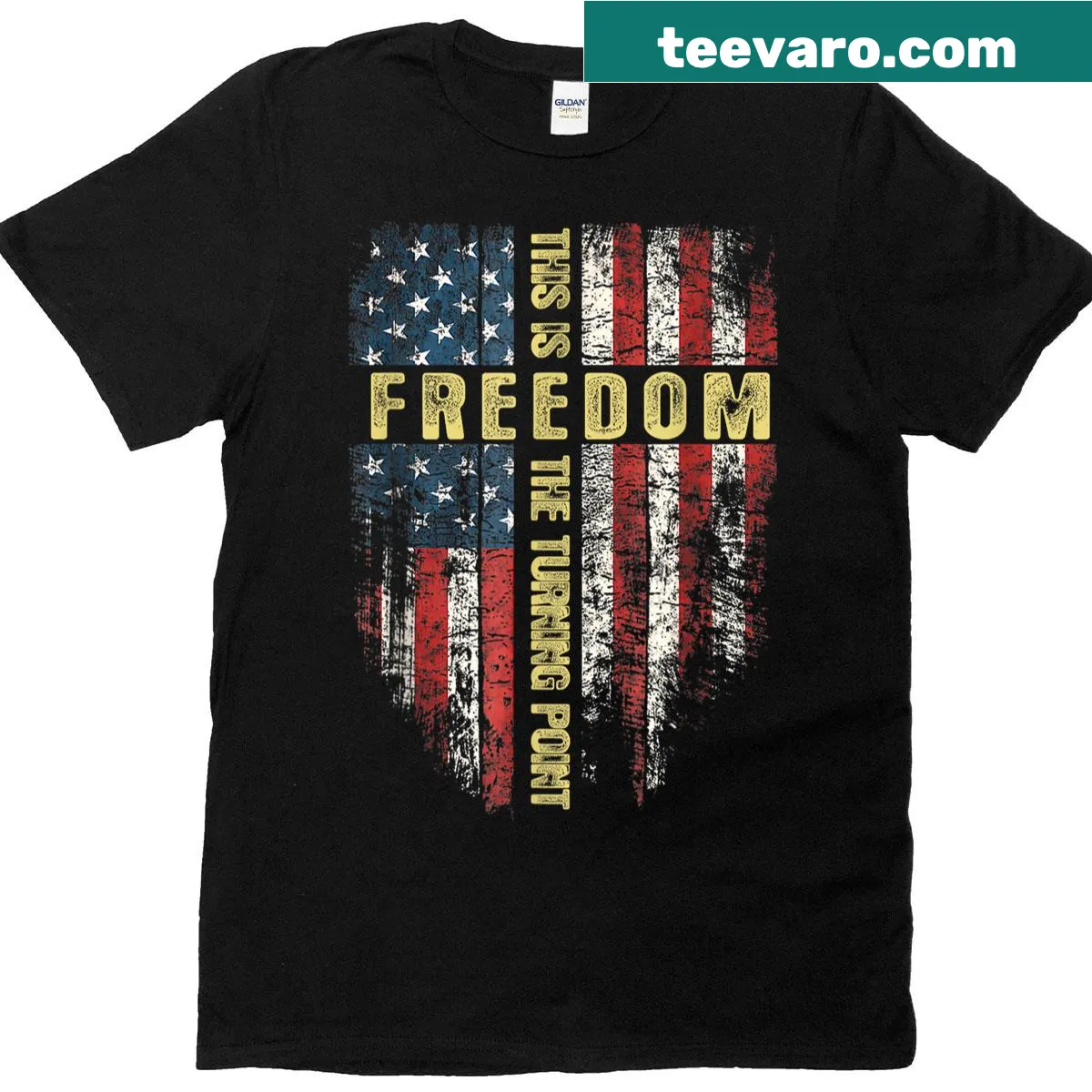Patriotic US flag and cross graphic t-shirt — on a men's t-shirt