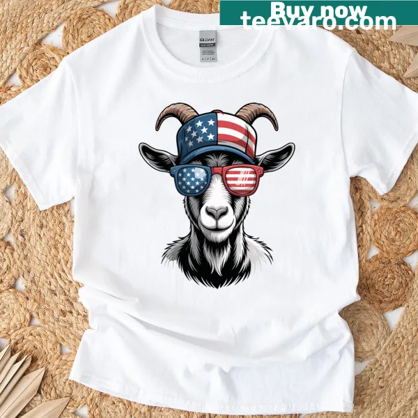 Cartoon goat wearing sunglasses and USA flag graphics for Fourth of July celebrations