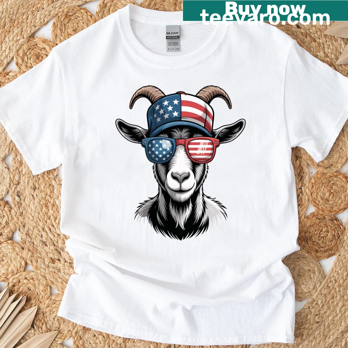 Cartoon goat wearing sunglasses and USA flag graphics for Fourth of July celebrations — on a men's t-shirt