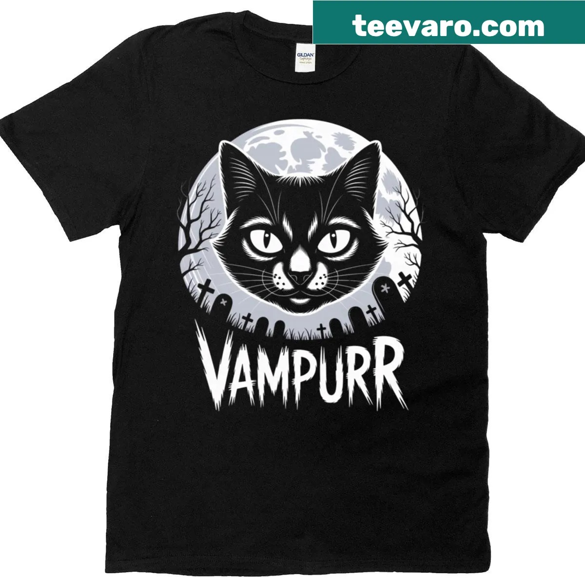 Playful cat illustration under a full moon for Halloween on t-shirt — on a men's t-shirt