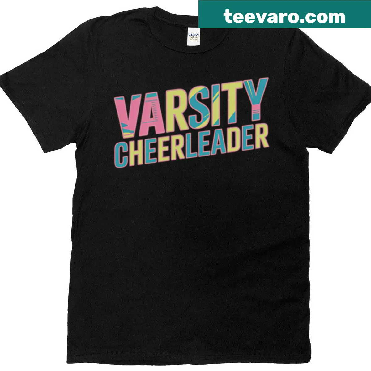 Varsity-style T-shirt featuring Cheerleader text — on a men's t-shirt