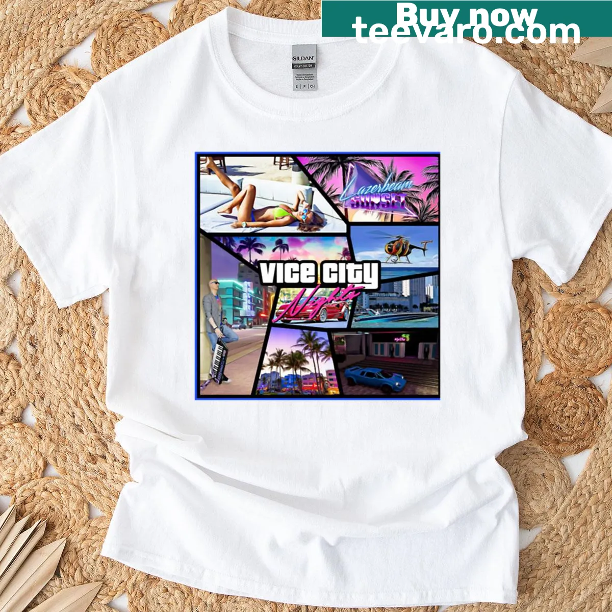Vice City Nights album art T-shirt design — on a men's t-shirt