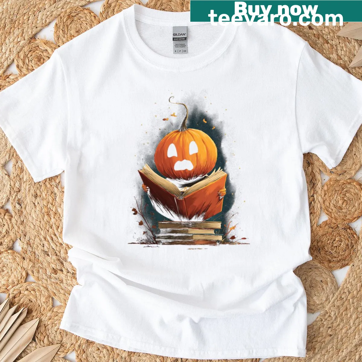 Cute pumpkin reading a book T-shirt for Halloween — on a men's t-shirt