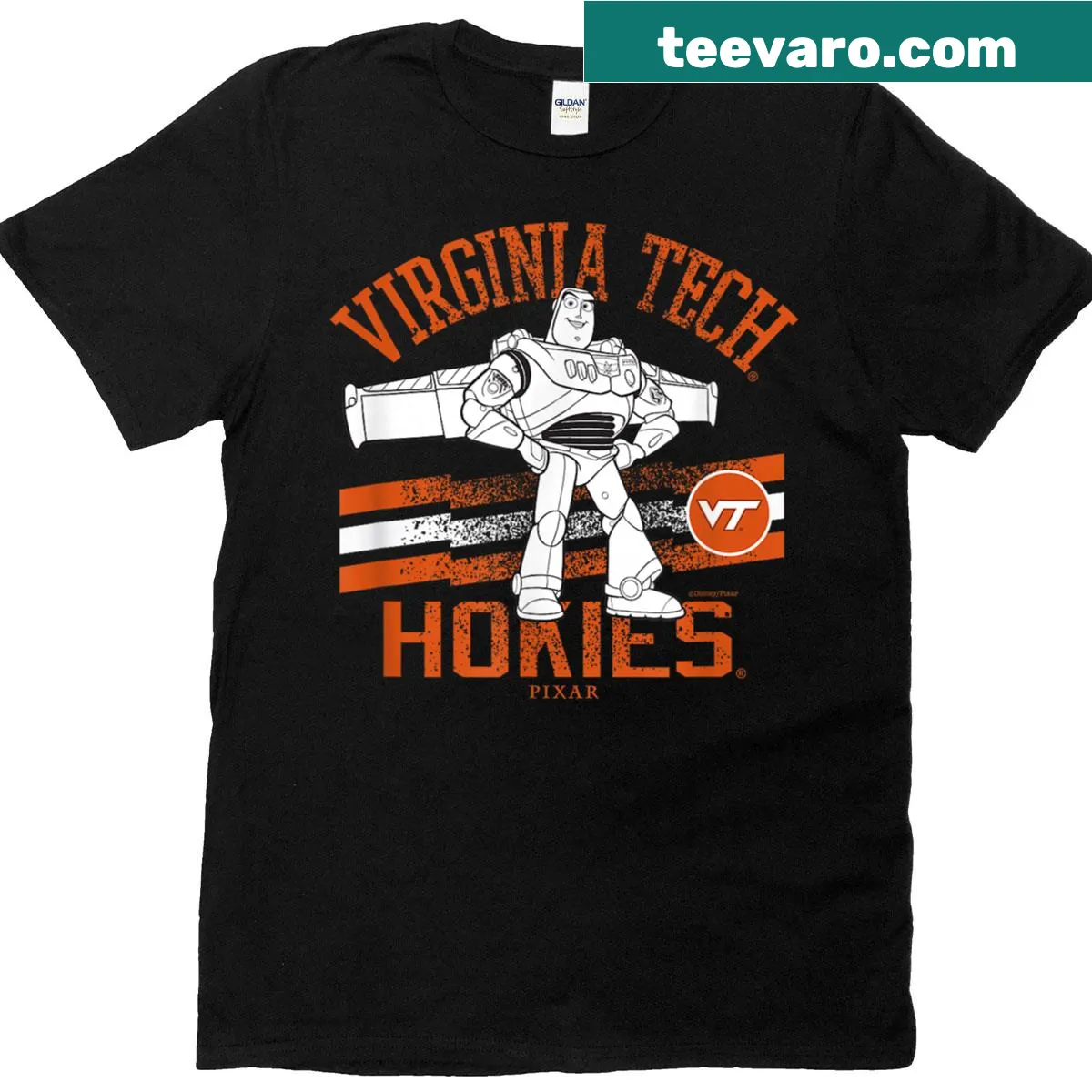 Vintage dark gray Virginia Tech Hokies t-shirt featuring Buzz Lightyear — on a men's t-shirt