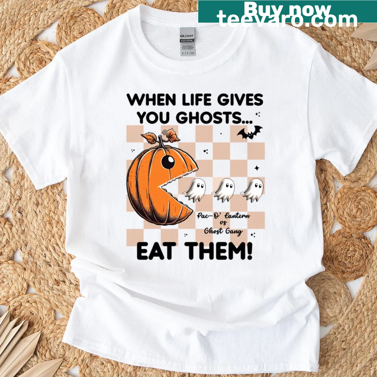Pac-o Lantern vs ghost gang Halloween graphic on a T-shirt — on a men's t-shirt
