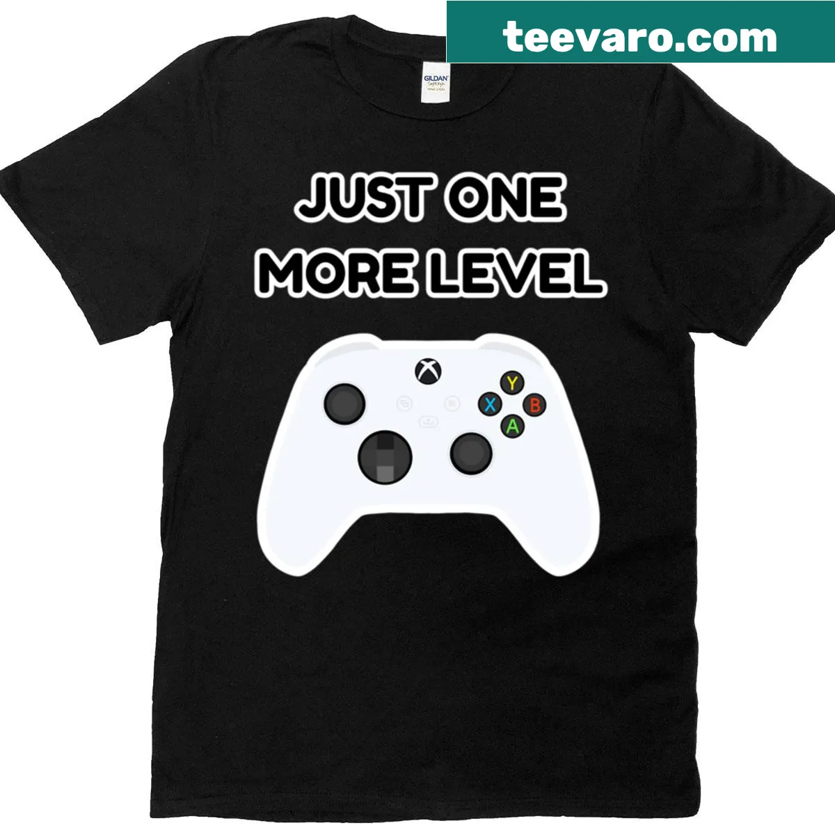 Xbox controller graphic with text 'Just One More Level' on a t-shirt — on a men's t-shirt