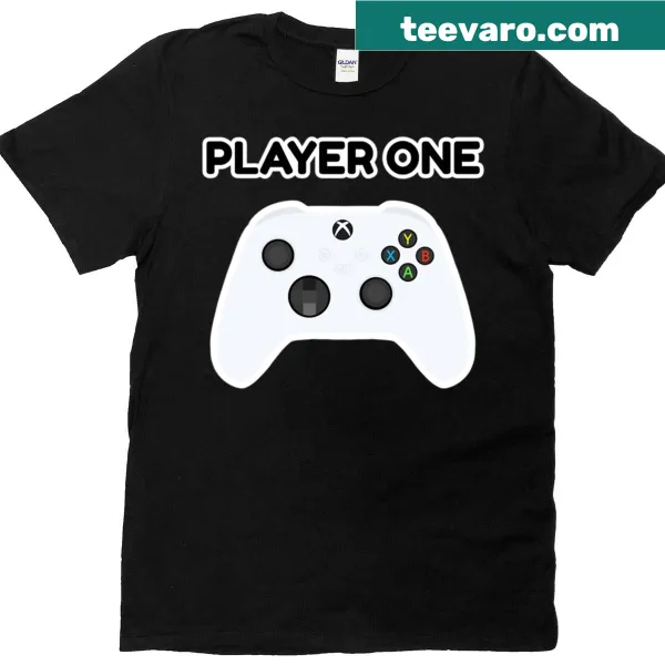 Xbox controller graphic with 'Player One' text on a t-shirt