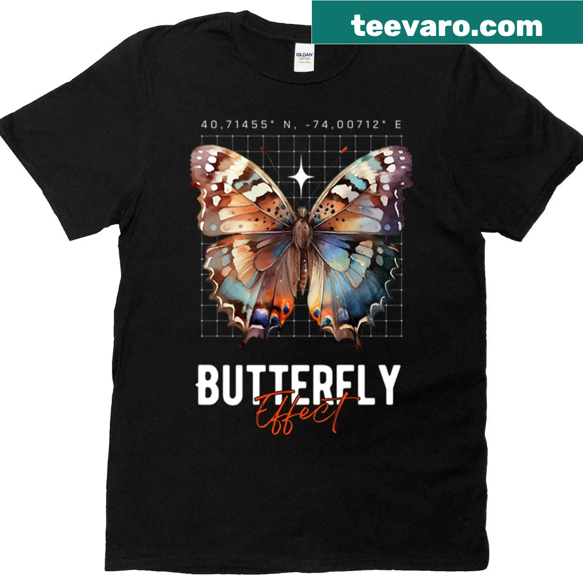 Minimalist black and white butterfly effect design on a T-shirt — on a men's t-shirt