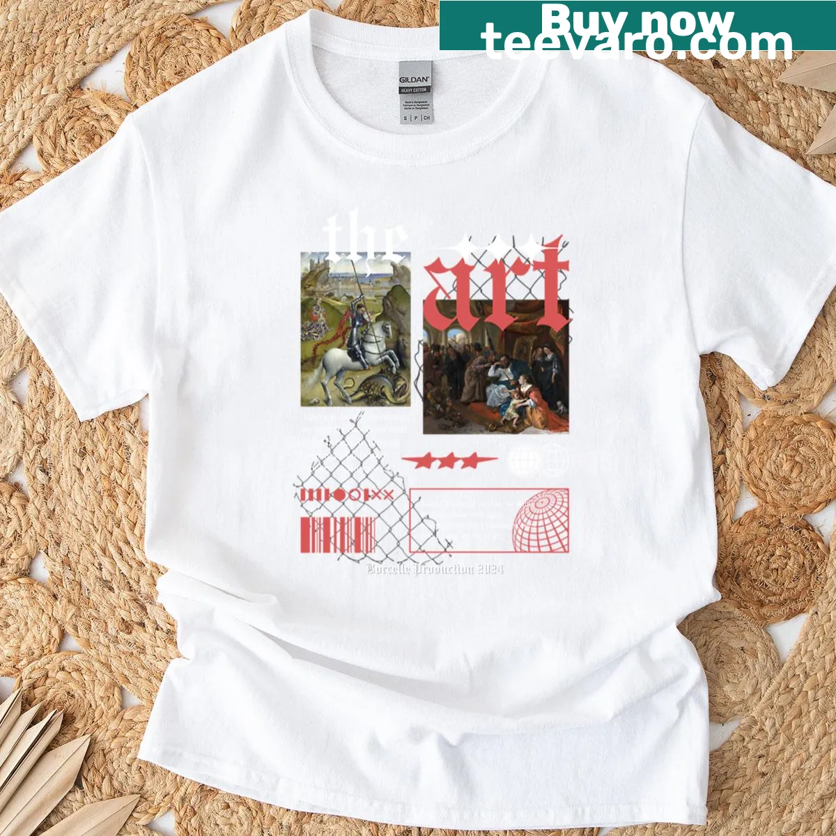 Abstract red and white design T-shirt inspired by old painting — on a men's t-shirt