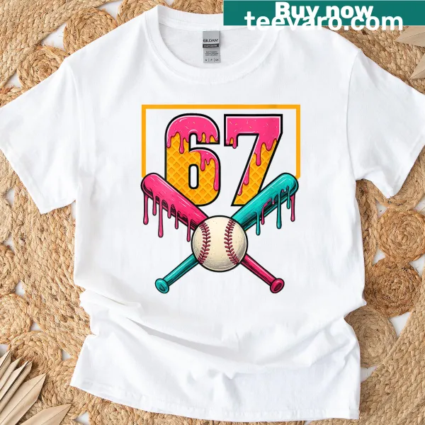 Womens birthday t-shirt with ice cream drip and number 67