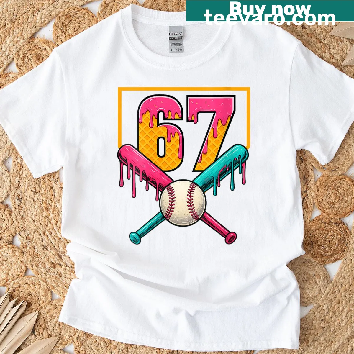 Womens birthday t-shirt with ice cream drip and number 67 — on a men's t-shirt