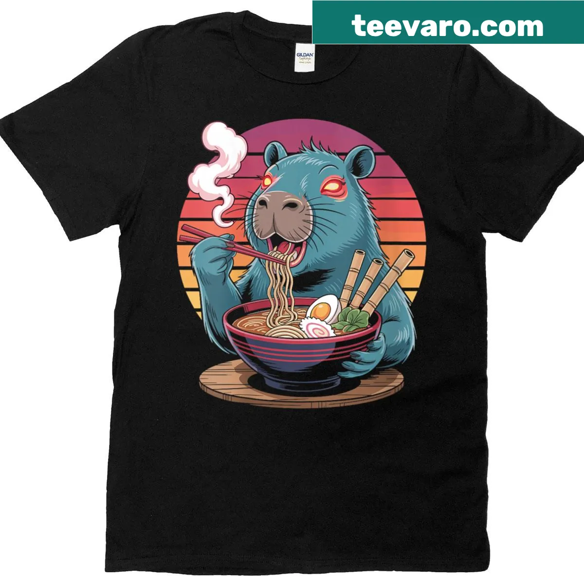 Kawaii capybara enjoying ramen noodles on a T-shirt — on a men's t-shirt