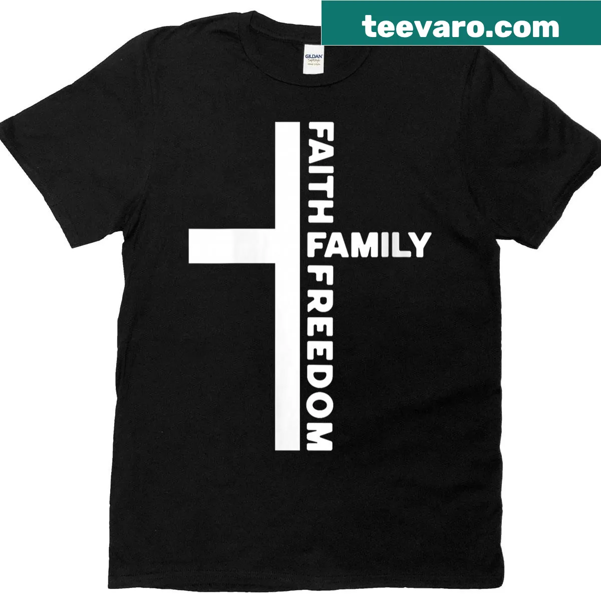 Hand-lettered t-shirt featuring faith, family, and freedom design — on a men's t-shirt