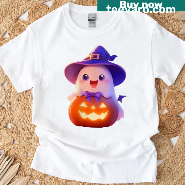 Cute Halloween T-shirt with pumpkin, ghost, and wizard hat illustration