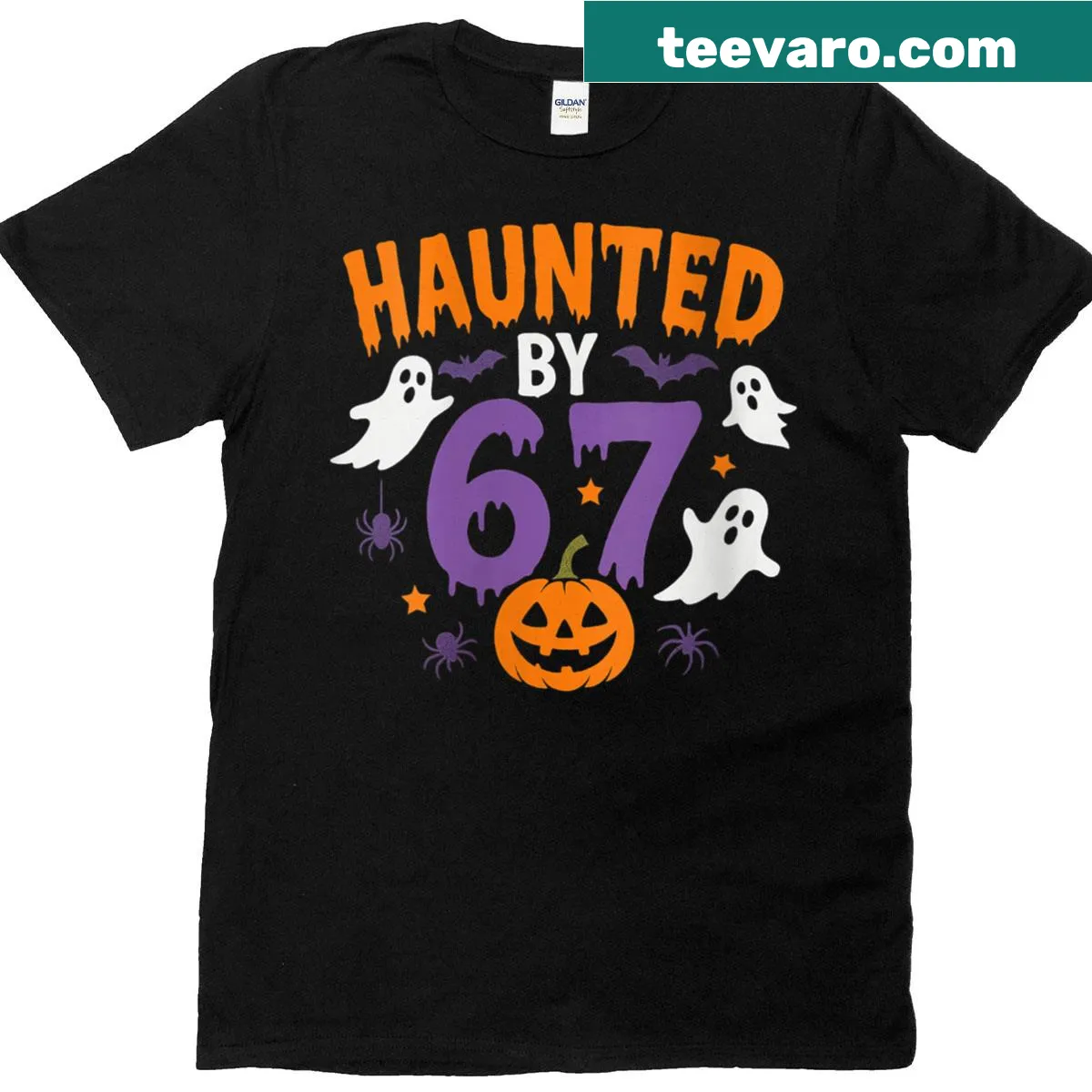 Funny Halloween T-shirt with 'Haunted By 67' text and illustrations — on a men's t-shirt