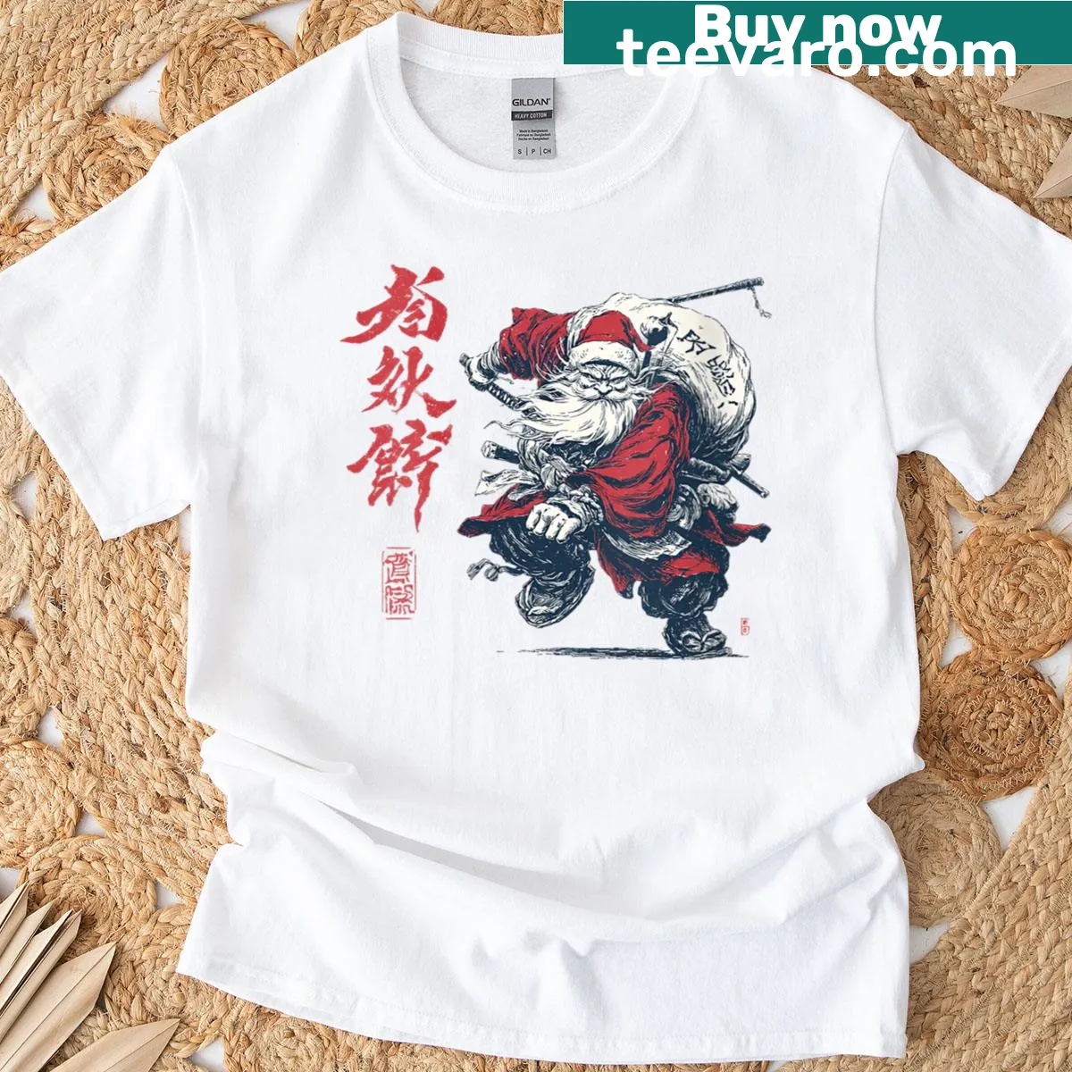 Samurai Santa in martial arts attire for Christmas illustration — on a men's t-shirt