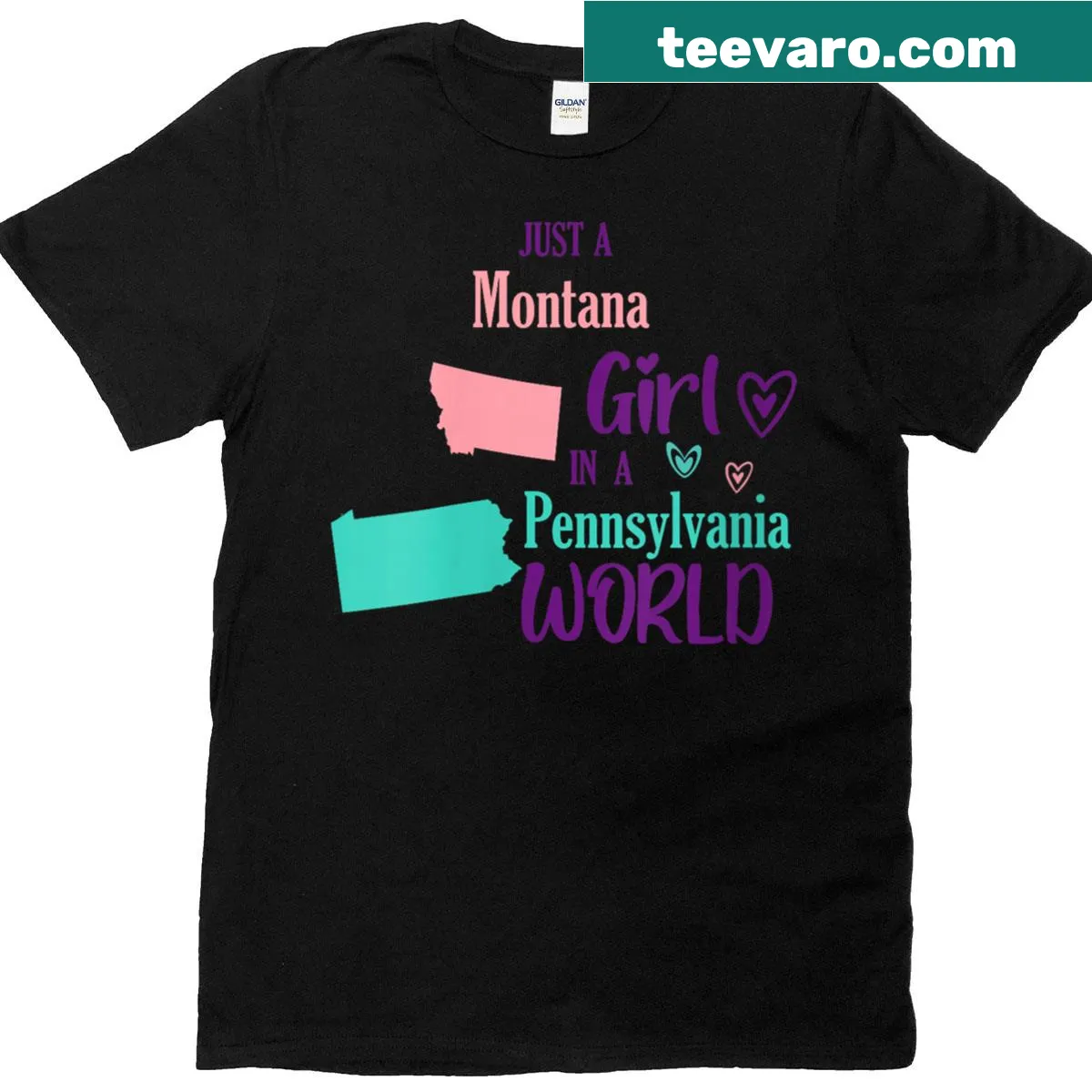 Graphic of a Montana girl in a Pennsylvania landscape — on a men's t-shirt