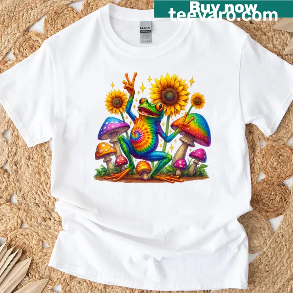 Retro frog illustration with peace sign, mushrooms, and sunflowers on T-shirt