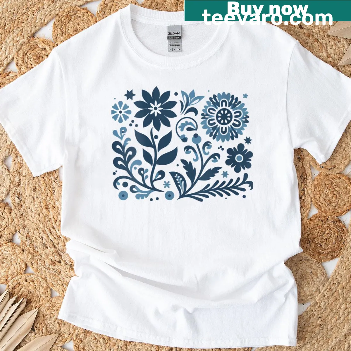 Scandinavian folk art flower design on a cottagecore T-shirt — on a men's t-shirt