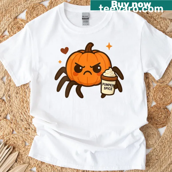 Cute Halloween t-shirt with spicy pumpkin spider coffee illustration