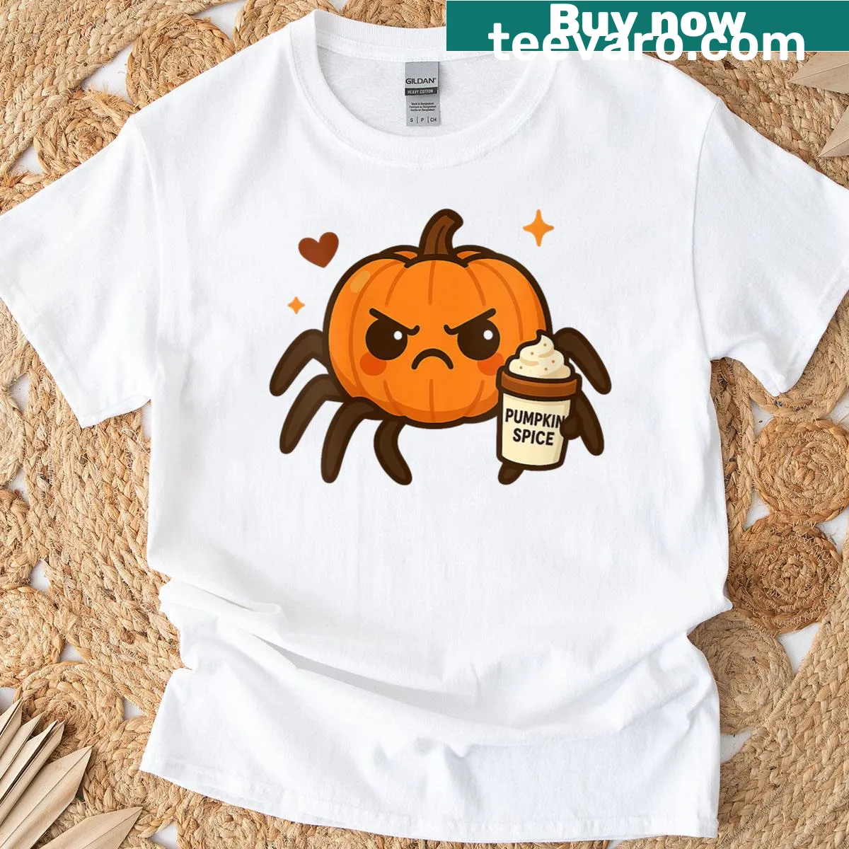 Cute Halloween t-shirt with spicy pumpkin spider coffee illustration — on a men's t-shirt