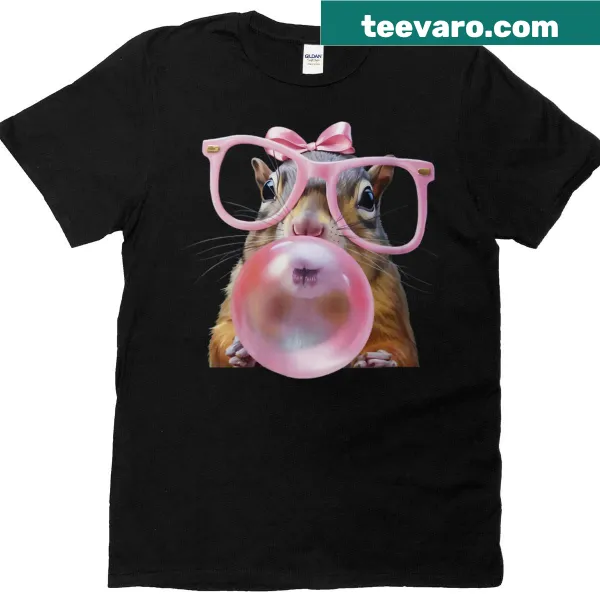Cute t-shirt featuring a squirrel face blowing a bubble