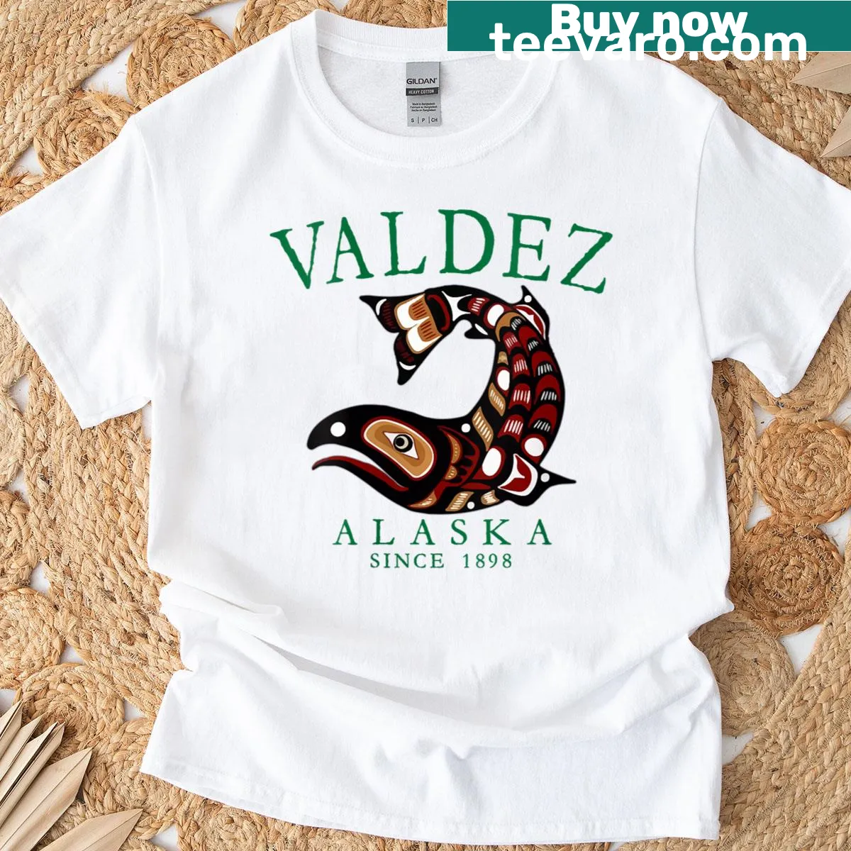 T-shirt honoring Valdez Alaska fishing history with green text — on a men's t-shirt