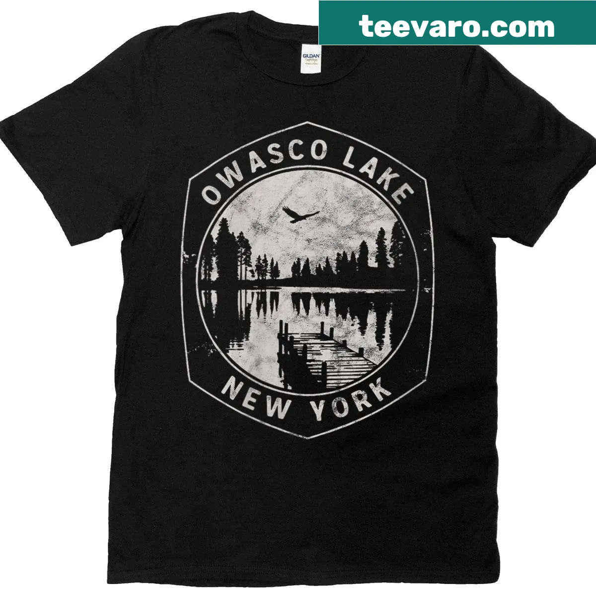 Vintage-style T-shirt featuring Owasco Lake graphic — on a men's t-shirt