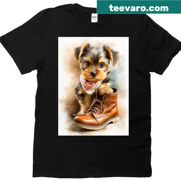 Watercolor t-shirt featuring a Yorkie puppy with a boot