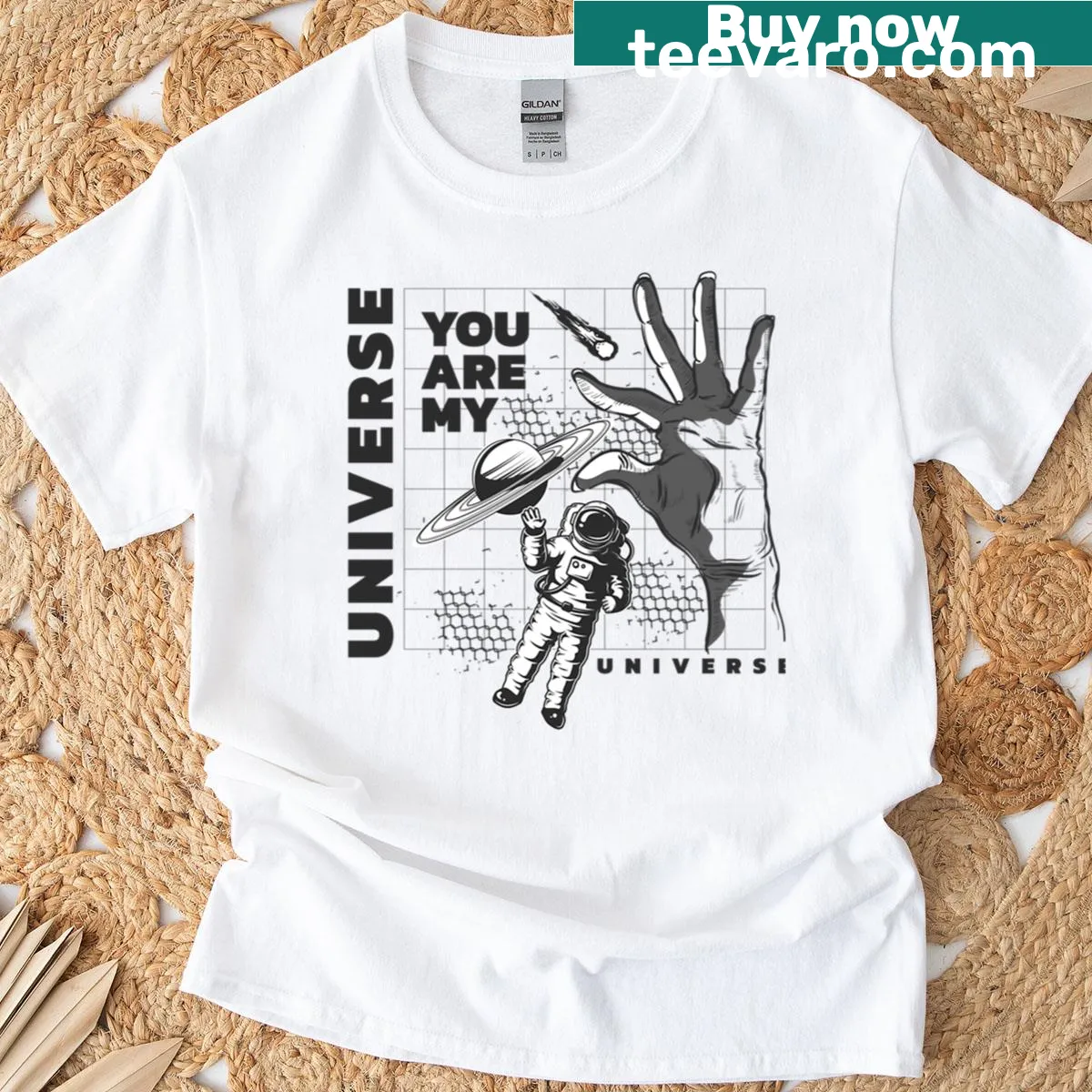Cosmic-themed t-shirt with 'You Are My Universe' text and celestial art — on a men's t-shirt