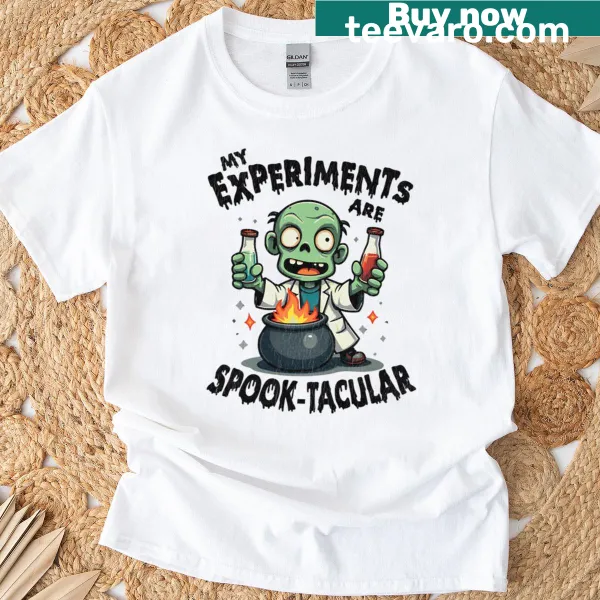 Halloween T-shirt with bold text about zombie experiments