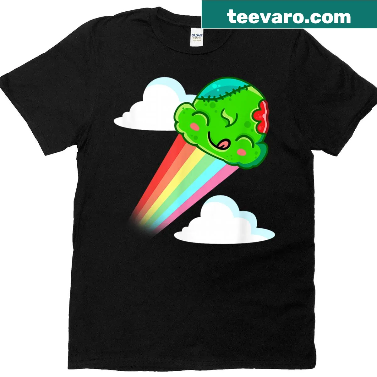 Whimsical T-shirt featuring a rainbow zombie and ice cream — on a men's t-shirt