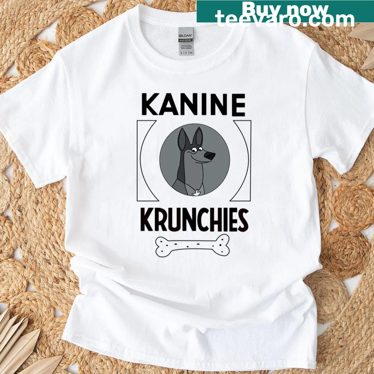 Cartoon graphic of Dalmatians and Kanine Krunchies on a t-shirt — on a men's t-shirt