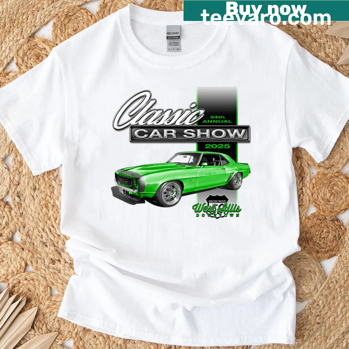 Illustration of classic cars for the 2025 Downtown West Allis Car Show. — on a men's t-shirt