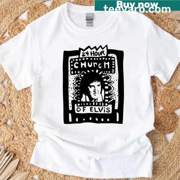 Graphic t-shirt featuring a Church Of Elvis theme