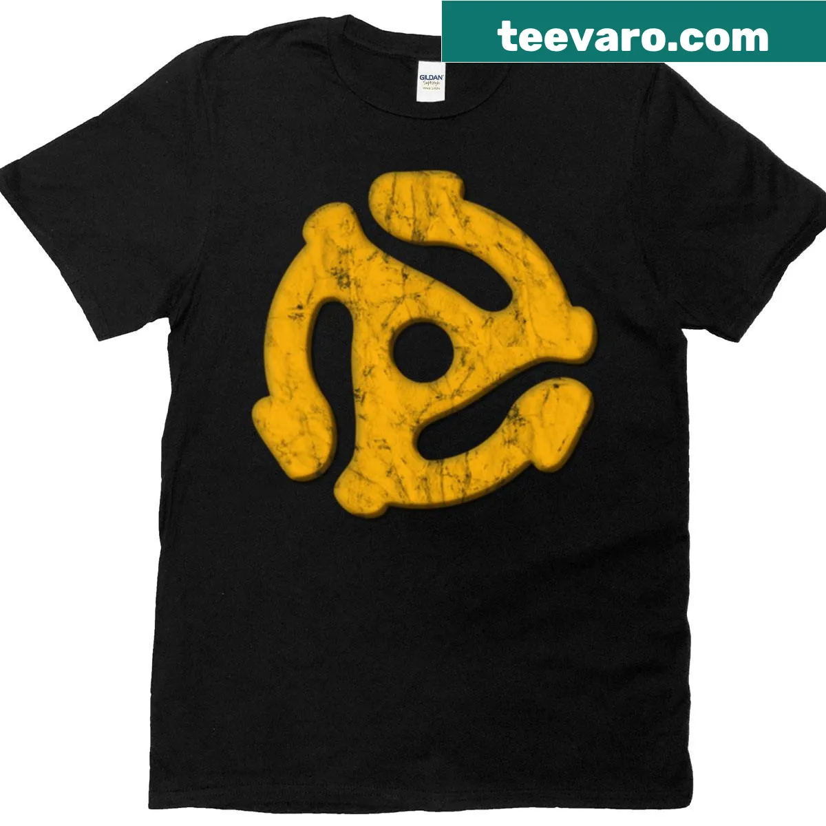 Distressed logo T-shirt featuring the classic 45 record adapter — on a men's t-shirt