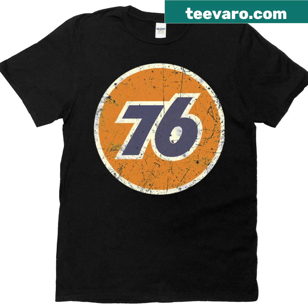 Vintage t-shirt featuring a 76 Oil Union graphic — on a men's t-shirt